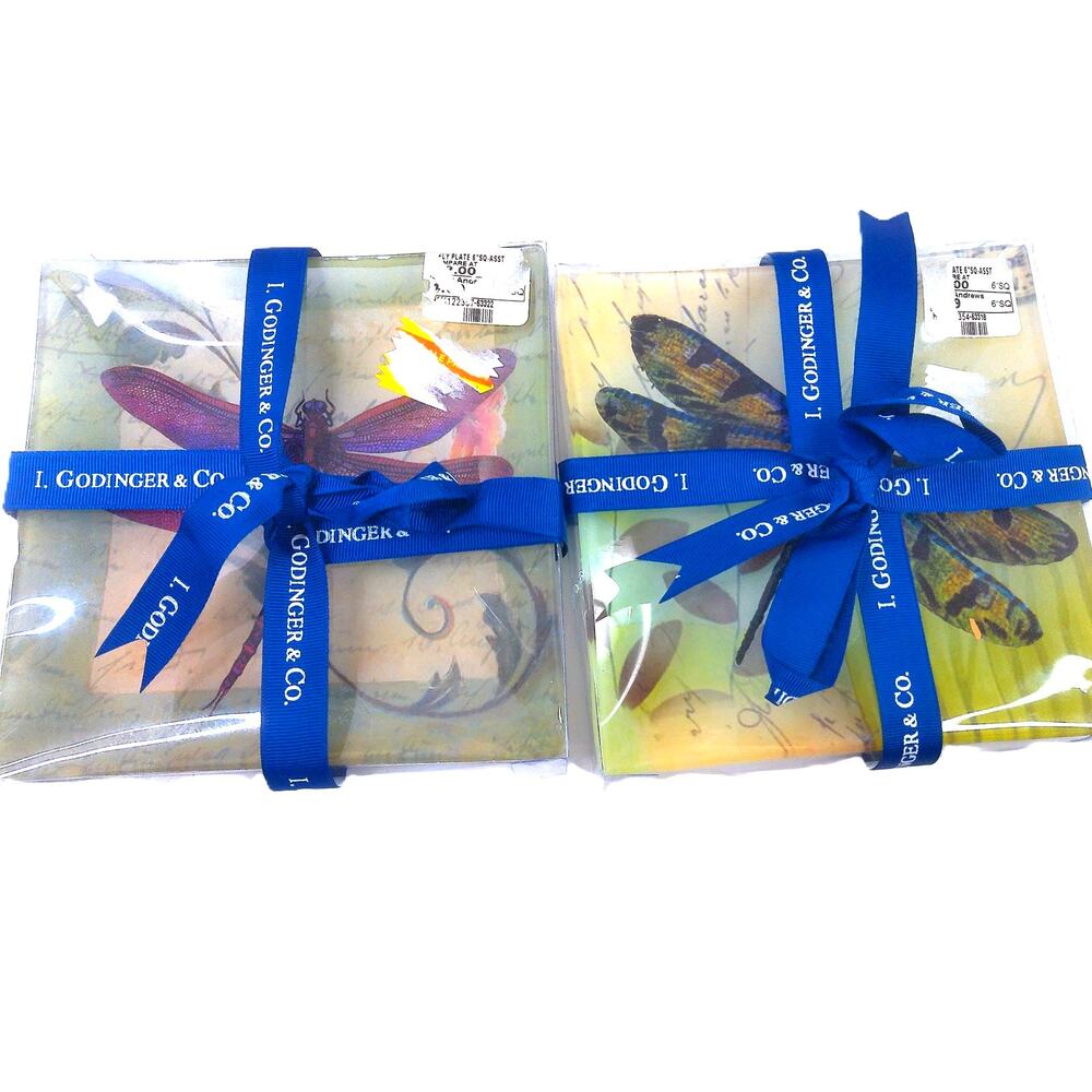 Vintage I. Godinger & Co Dragonfly Butterfly Glass Plates Set New
